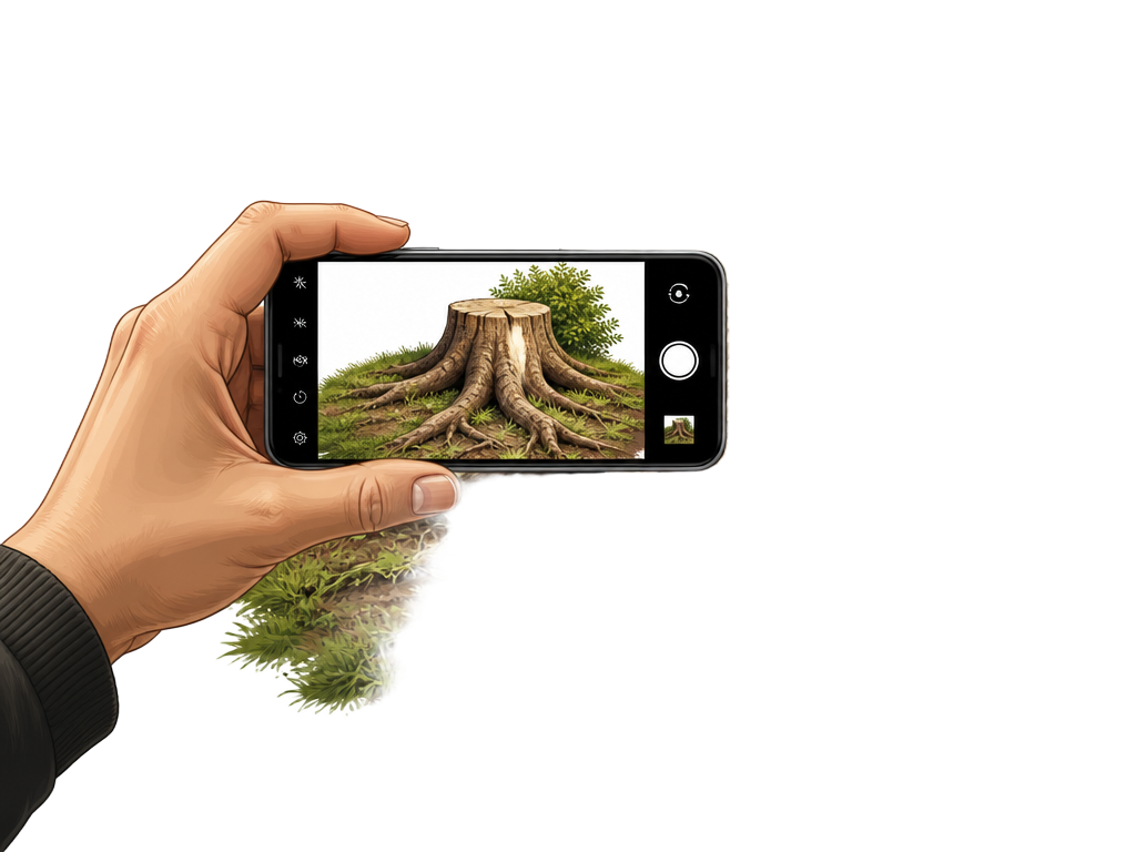 Hånd som tar bilde av en stubbe med mobilen